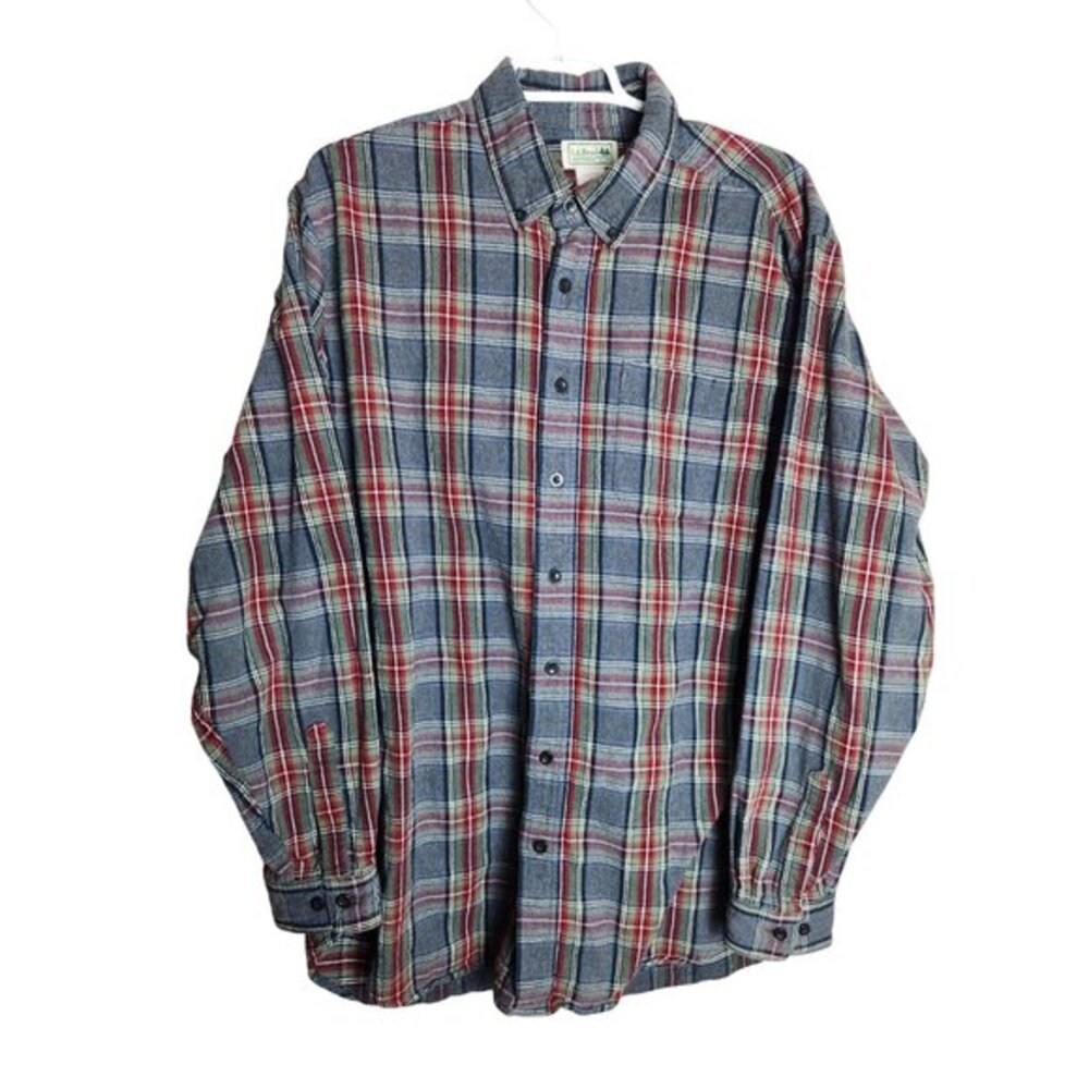 LL Bean Mens Shirt L Tall Gray Scotch Plaid Flannel Long Sleeve 228066
